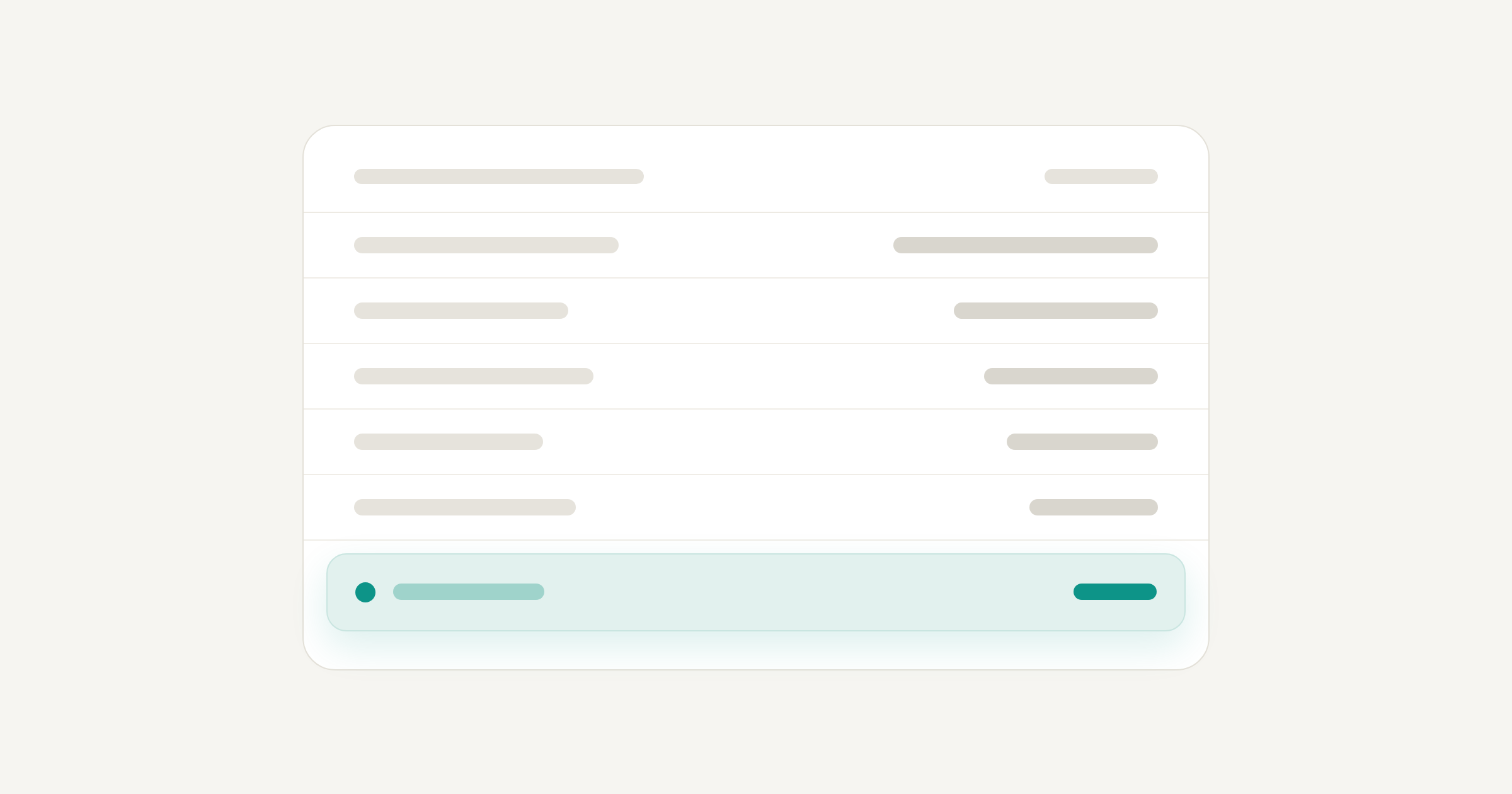 Abstract table of grey rows with one row highlighted in teal
